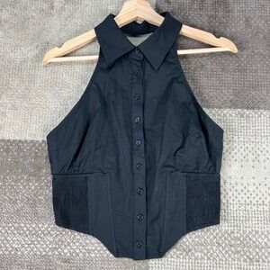 NWT Windsor Black‎ Halter Button Down Corset Crop Top Smocked Waist Womens M